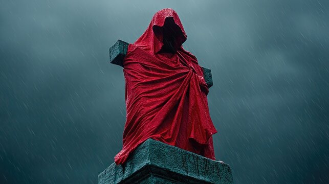 Dramatic red cloaked statue in stormy rainy scene with dark ominous sky. Easter, Pascha, Paskha, Ostern, Pascua, Paques - Orthodox and Catholic Holiday celebration
