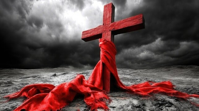 Dramatic cross scene with red cloth against stormy sky. Easter, Pascha, Paskha, Ostern, Pascua, Paques - Orthodox and Catholic Holiday celebration - Powered by Adobe