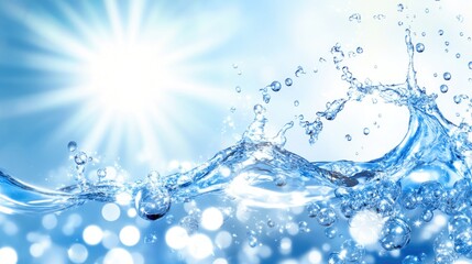 Sparkling water splash against bright sunlight with bokeh effect