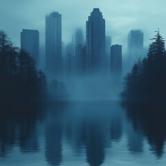 Misty morning cityscape reflected in still lake