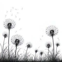 Monochrome dandelion field blowing in the wind, decorative border design