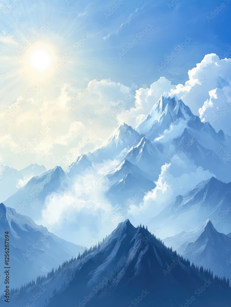 Fototapete Majestic mountain range with soft clouds under a clear blue sky and open space for text. Generative AI