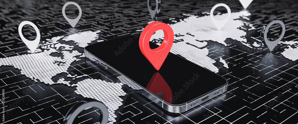 Fototapete A detailed 3D visualization of a smartphone displaying a digital map with multiple location pins, symbolizing navigation, geolocation, and location-based services in a futuristic digital environment.