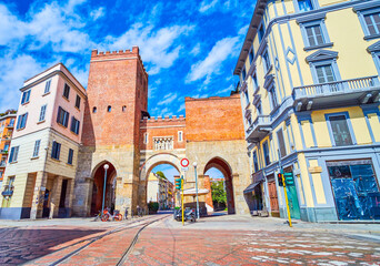 Porta Ticinese, the medieval gates sandwiched between scenic townhouses in Milan, Italy