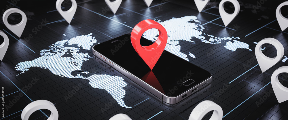 Fototapete A detailed 3D visualization of a smartphone displaying a digital map with a red location pin, representing navigation, geolocation, and location-based services in a global digital network.