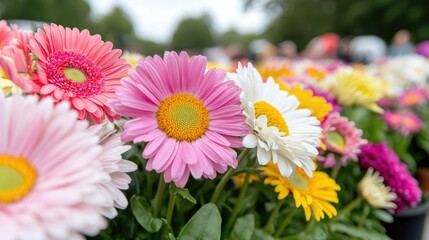 Fototapeta premium Colorful gerbera daisies in planters, city park, flowers, vibrant, spring