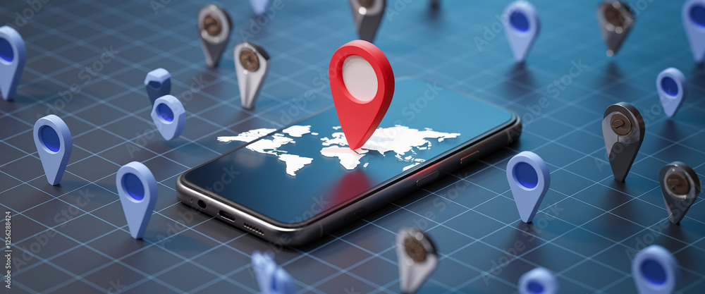 Poster A detailed 3D visualization of a smartphone with a digital map and red location pin, symbolizing navigation, global positioning, and geolocation services with a focus on digital maps.