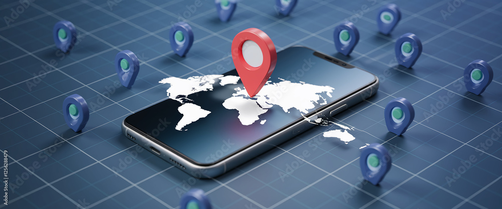 Poster A detailed 3D visualization of a smartphone with a digital world map and location pins, representing navigation, geolocation, and global positioning with emphasis on mobile technology.