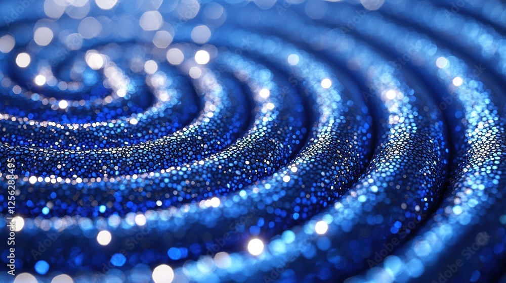 Poster a close-up of sparkling blue glitter in a spiral pattern.