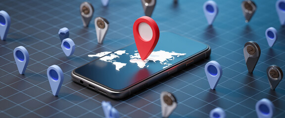 A detailed 3D visualization of a smartphone with a digital map and red location pin, symbolizing navigation, global positioning, and geolocation services with a focus on digital maps.