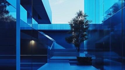A modern, blue office building.