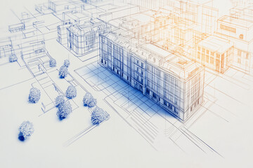 Architectural Blueprint:  A detailed blueprint of an urban landscape, with buildings, streets, and trees sketched in a precise and intricate design.