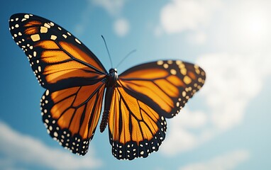 Fototapeta premium Monarch butterfly in flight against a bright blue sky with clouds.
