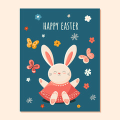 cute beige easter bunny is sitting on blue background with colorful flowers. flat vector art with cute easter rabbit for cards