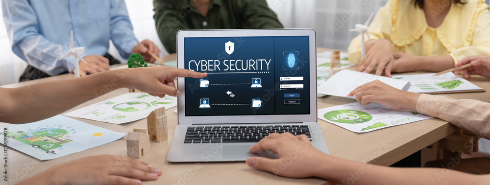 Poster cyber security system on computer screen protect private information brisk from hacker and cyber att