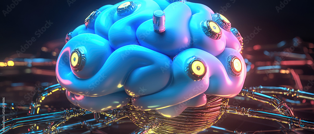Poster futuristic robotic brain with multiple eyes, set in a high-tech environment with glowing wires