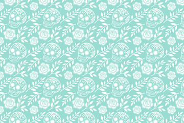 Mexican Folk art with Sugar Skulls and Flowers Seamless Pattern Vector Illustration