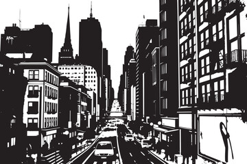 Obraz premium City landscape. Line urban backdrop. Different buildings on street, outline cityscape hand sketch, flat houses. Hand drawn vector illustration