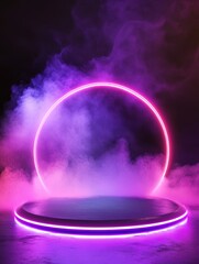 Neon Circle and Platform Display - Futuristic product display with vibrant neon lights and smoky atmosphere. Ideal for showcasing technology, cosmetics, or fashion