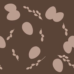 Seamless pattern with beige Easter eggs, daffodils, pussy willow on mocha brown background. Perfect for packaging, fabrics, cards, scrapbooking, holiday decor and background for Easter designs.