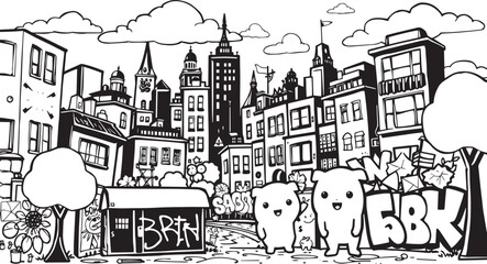 City landscape. Line urban backdrop. Different buildings on street, outline cityscape hand sketch, flat houses. Hand drawn vector illustration