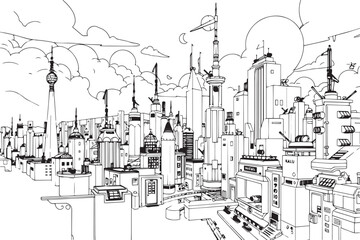 Obraz premium City landscape. Line urban backdrop. Different buildings on street, outline cityscape hand sketch, flat houses. Hand drawn vector illustration