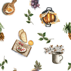 Watercolor seamless pattern with delicious pastries, bruschetta, and pancakes.