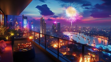 Obraz premium A rooftop balcony overlooks a vibrant city at night. Fireworks light up the futuristic cityscape during a birthday party.