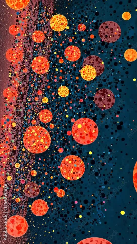 Fototapete a blue and orange background with many small circles. some of the circles are red. the circles are s