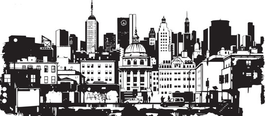 City landscape. Line urban backdrop. Different buildings on street, outline cityscape hand sketch, flat houses. Hand drawn vector illustration