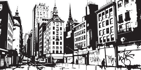 City landscape. Line urban backdrop. Different buildings on street, outline cityscape hand sketch, flat houses. Hand drawn vector illustration