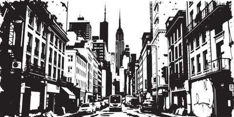 City landscape. Line urban backdrop. Different buildings on street, outline cityscape hand sketch, flat houses. Hand drawn vector illustration
