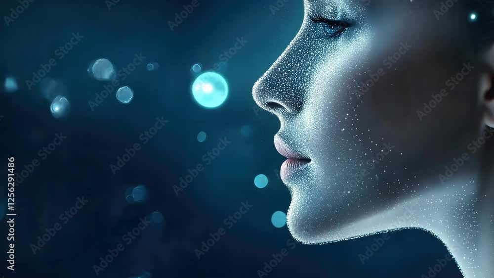 Poster a stunning portrait features a woman's profile with sparkling particles on a deep blue background, c