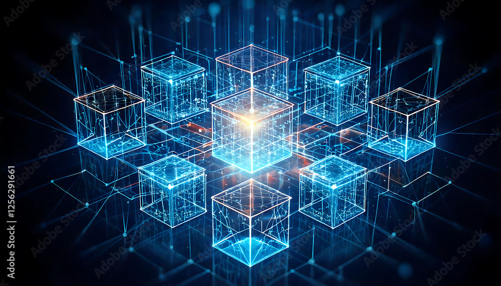 Poster stunning abstract image of interconnected glowing cubes, representing data, network, or blockchain t