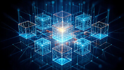 Stunning abstract image of interconnected glowing cubes, representing data, network, or blockchain technology. Perfect for tech, finance, or innovation concepts.
