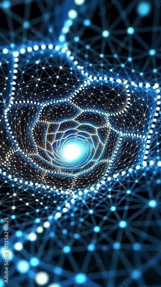 Poster exploration of luminous blue networks in a digital vortex design, representing connections in techno