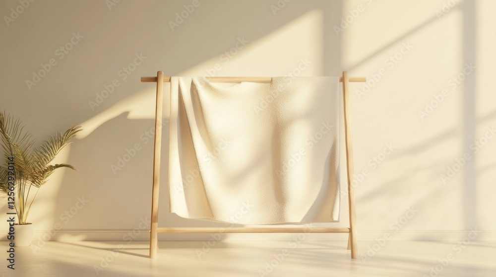 Poster minimalist clothing rack displaying neatly arranged garments in a bright, airy room. generative ai