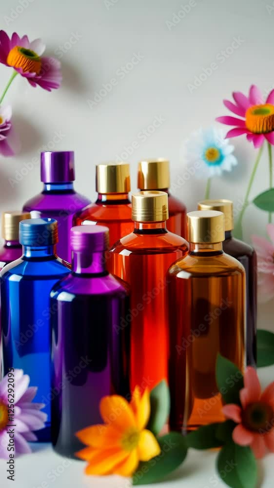Poster A row of bottles of different colors and sizes. The bottles are arranged in a row and are surrounded by flowers