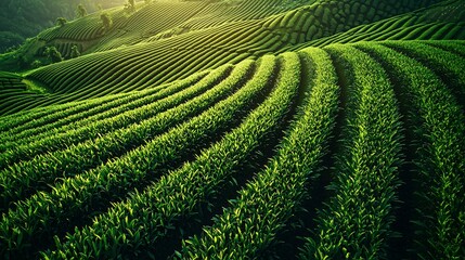 Fototapeta premium Sunrise over terraced green fields