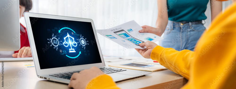 Poster ai ethics responsibility standard law and rules on computer screen provide report of ai ethic transp