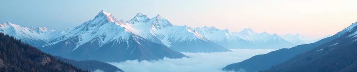Mountain range with snow covered peaks and misty atmosphere, wilderness, sky, vast