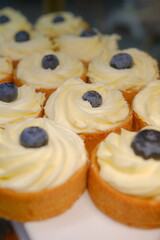 beautiful white cheesecake tart with fresh blueberries in shortcrust pastry basket placed on a white plate on the counter perfect dessert for a bakery or cafe sweet indulgence for food photography