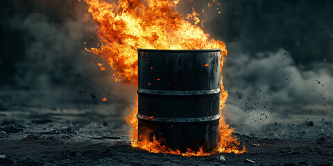 Black oil barrels on fire, environmental, energy industry issues 