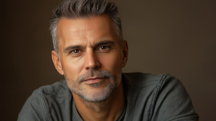 Obraz premium Portrait of adult middle aged man with grey hair on dark studio background. Unique characters photography concept