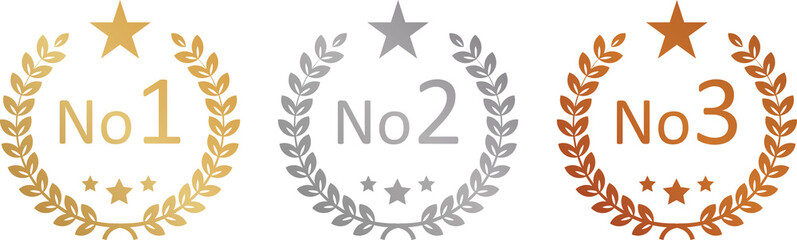 Number one, Number 2, Number 3, gold, silver, bronze crown laurel banner icon illustration white background