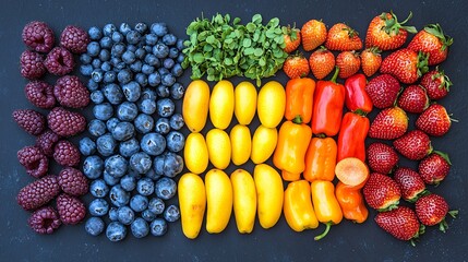Rainbow fruit and vegetable arrangement, healthy eating, dark background, food photography, recipe inspiration