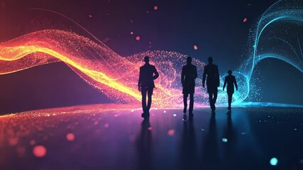 Four businessmen walking on a reflective surface towards a bright digital future represented by colorful particle waves, symbolizing innovation, technology, and progress in the corporate world