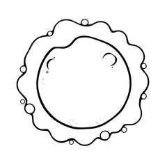A minimalist circular artwork depicting a black outline of a celestial body with crescent shapes and circles on a white background.