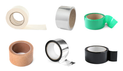 Rolls of different adhesive tapes isolated on white, set