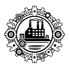 [Black and White Industrial Cogwheel Illustration Featuring a Factory With Smog, Gears, and a Circular Structure]